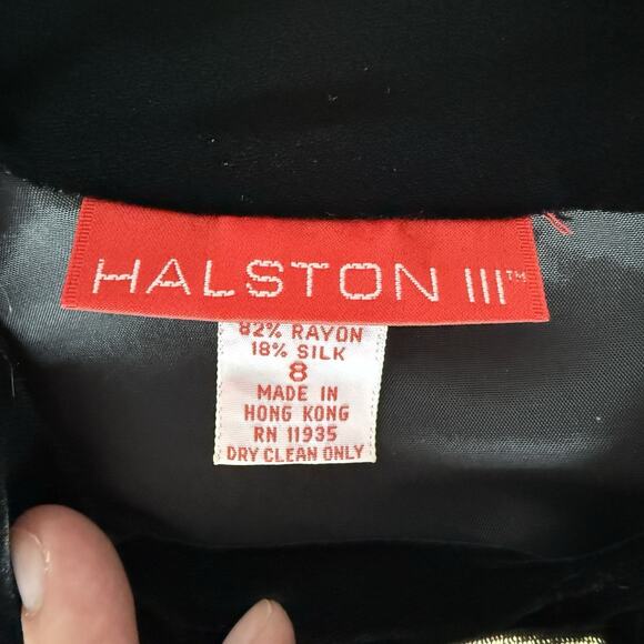 Vtg Halston III Black Velvet Dress Sz 8 Women’s Gold Bow Knee length 90s Holiday - Picture 8 of 9